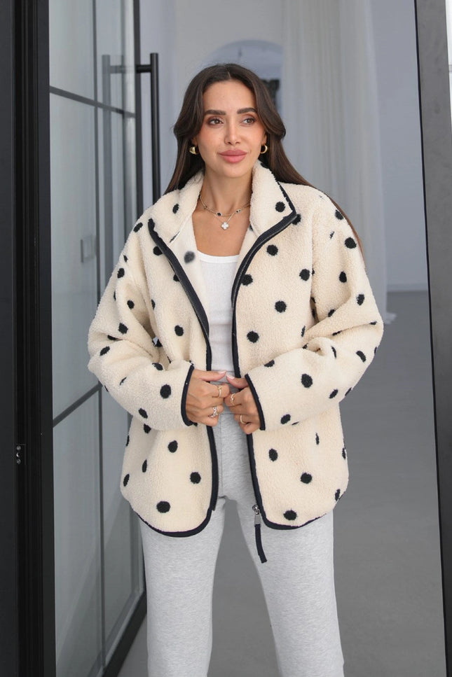 Presy Ecru Polka-Dot Teddy Zip Sweat