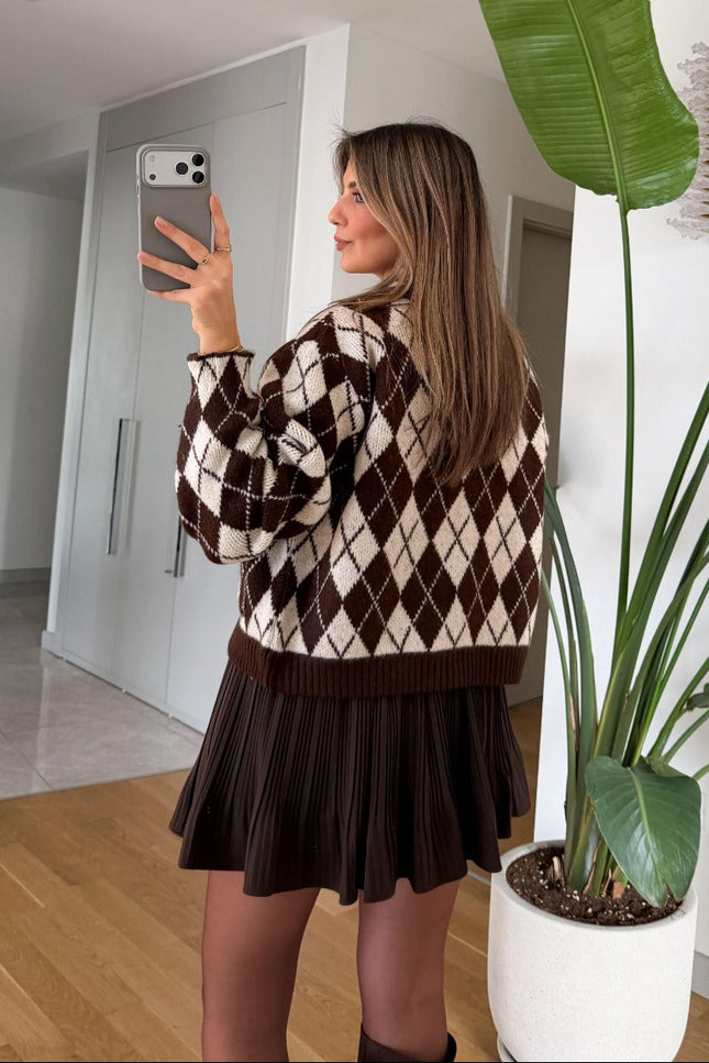 Shepra Patterned Zip-Up Cardigan - Coffee Cream
