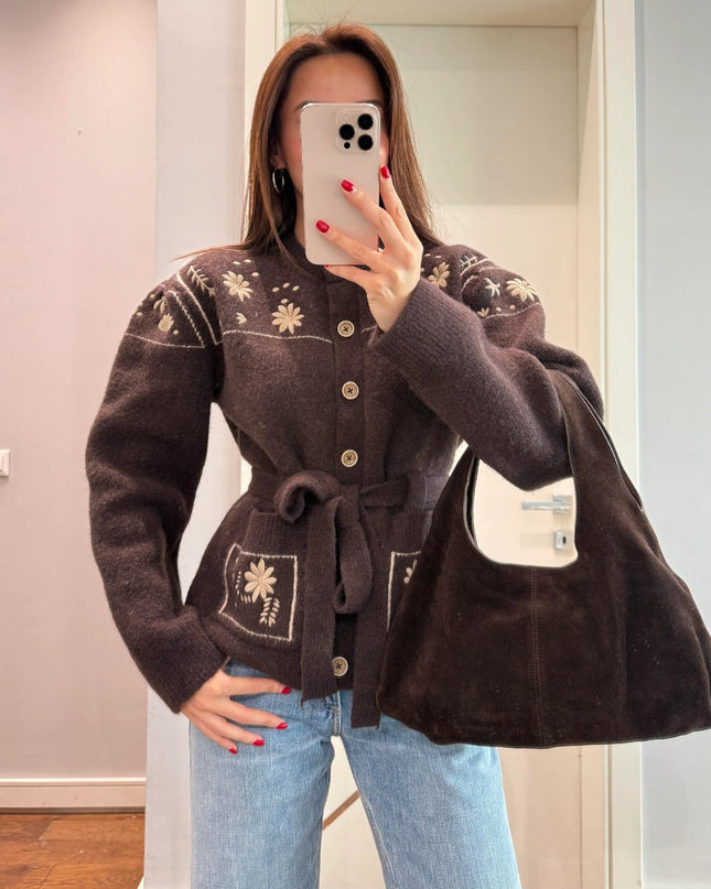 Premium Floral Embroidered Knit Jacket with Belt - Brown