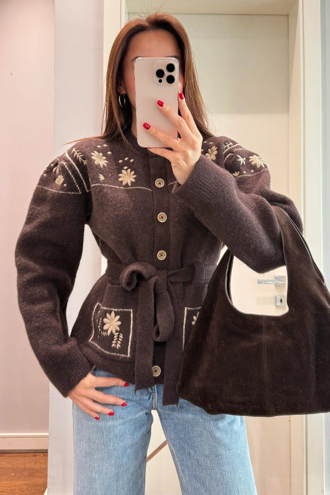 Premium Floral Embroidered Knit Jacket with Belt - Brown