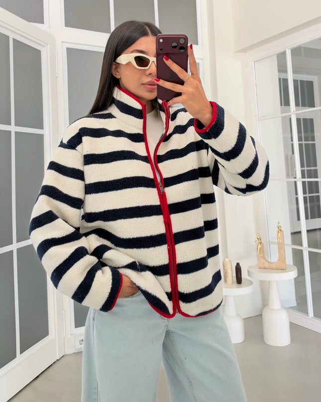 Navy Striped Red-Trim Polar Sweatshirt