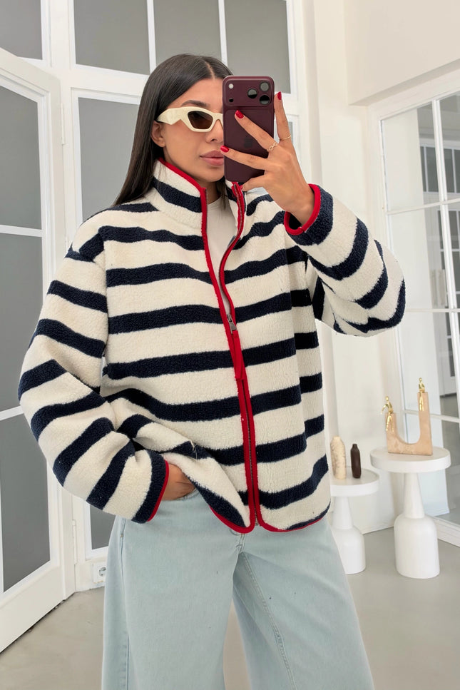 Navy Striped Red-Trim Polar Sweatshirt