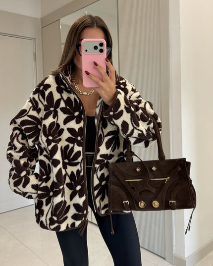 Presy Brown-Ecru Floral Teddy Zip Sweat