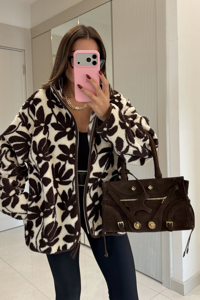 Presy Brown-Ecru Floral Teddy Zip Sweat
