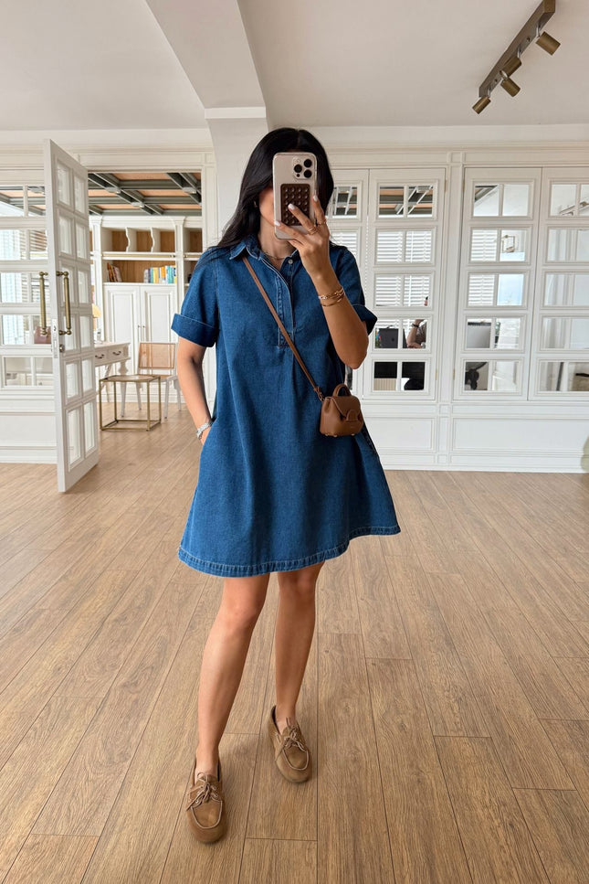 Frodo Polo Collar Double Sleeve Mini Jean Dress