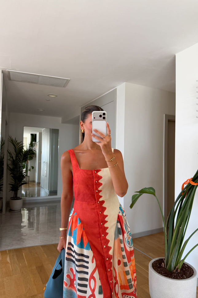 Multicolor Patterned Linen Dress