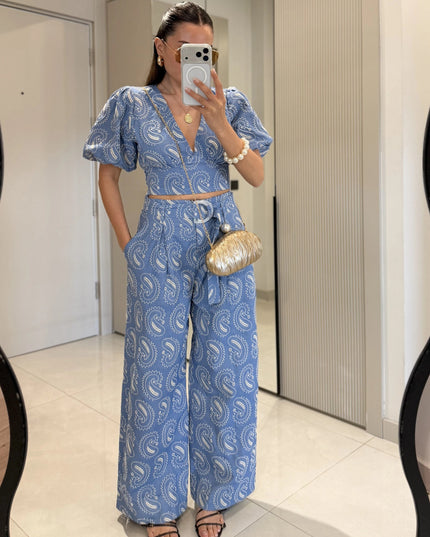Paisley Sleeve Blouse with Pant Set