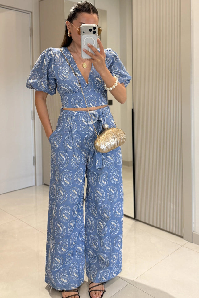 Paisley Sleeve Blouse with Pant Set