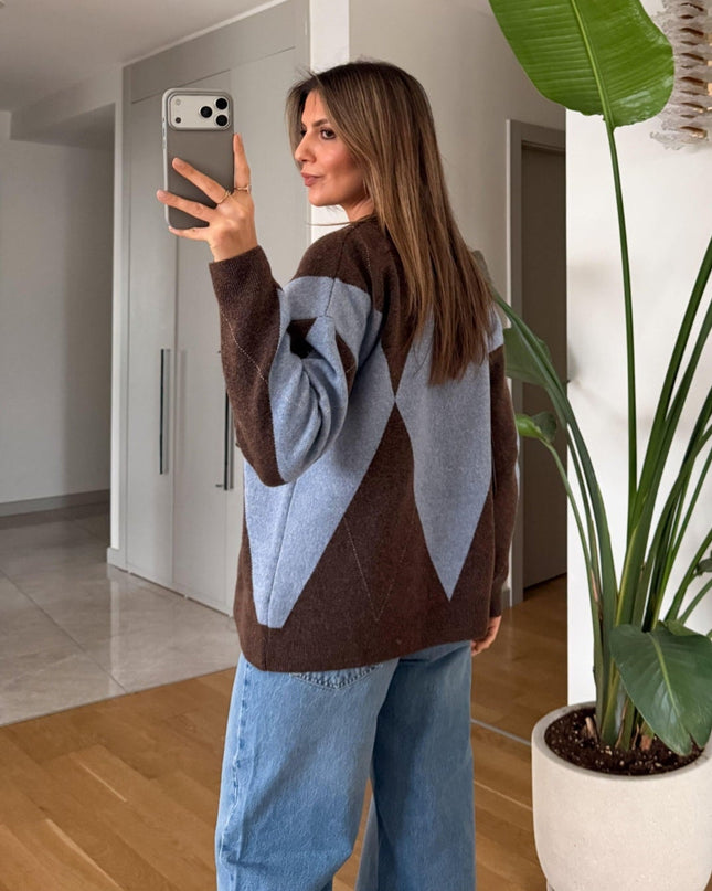 Elena Buttoned Pattern Sweater - Coffee Blue