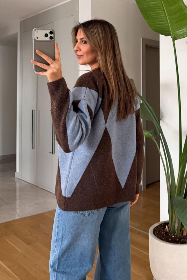 Elena Buttoned Pattern Sweater - Coffee Blue