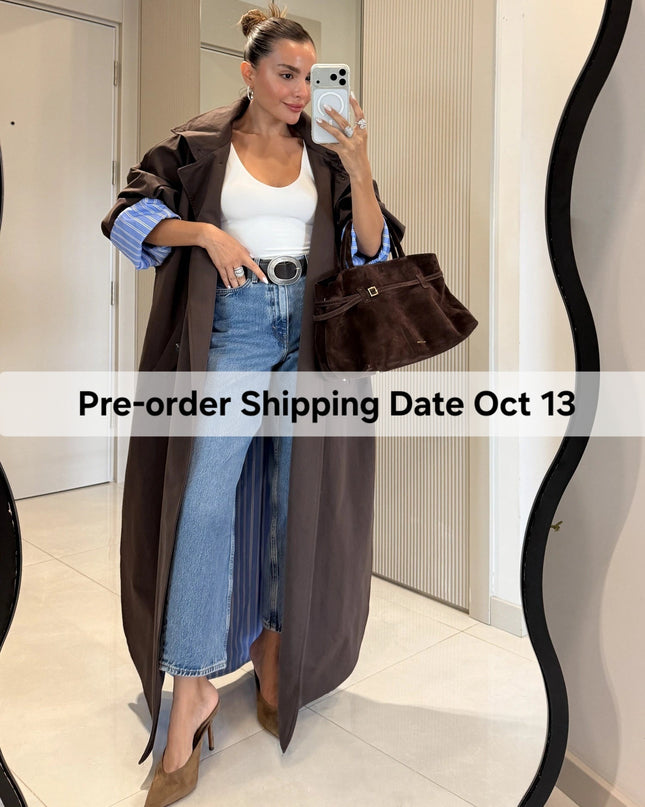 Hanger Brown Striped Lined Oversize Long Trench Coat