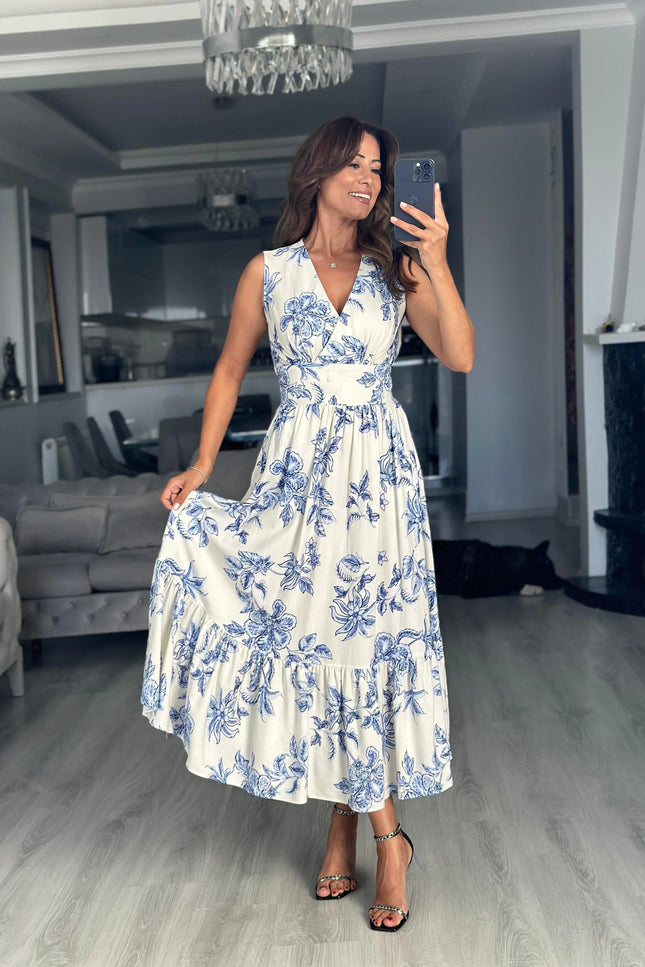 Floral Wrap Neckline Midi Dress