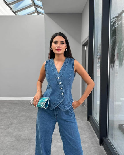 Denim Set Pant With Button Vest