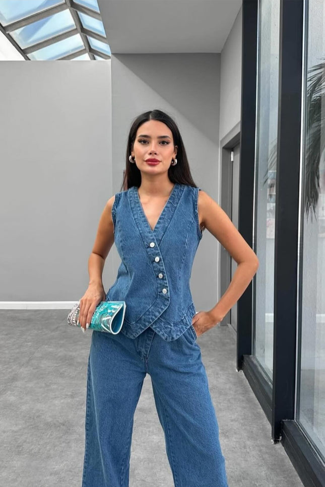 Denim Set Pant With Button Vest