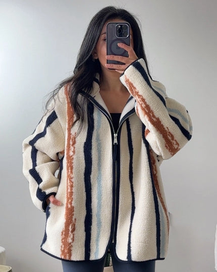 Presy Ecru Vertical-Stripe Zip Polar Jacket