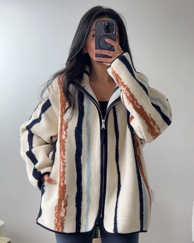 Presy Ecru Vertical-Stripe Zip Polar Jacket