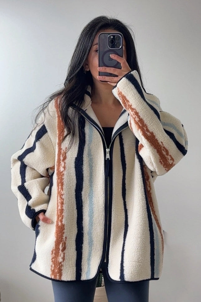 Presy Ecru Vertical-Stripe Zip Polar Jacket