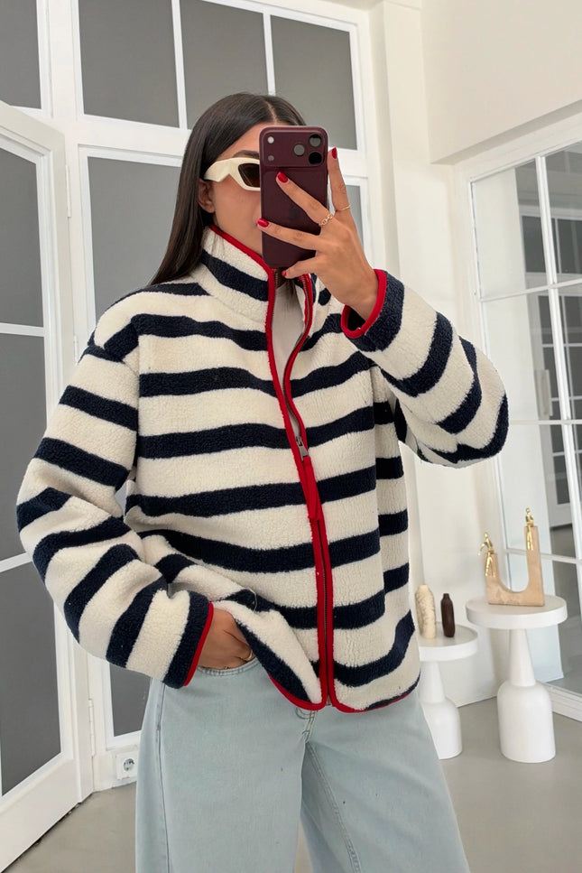 Navy Striped Red-Trim Polar Sweatshirt