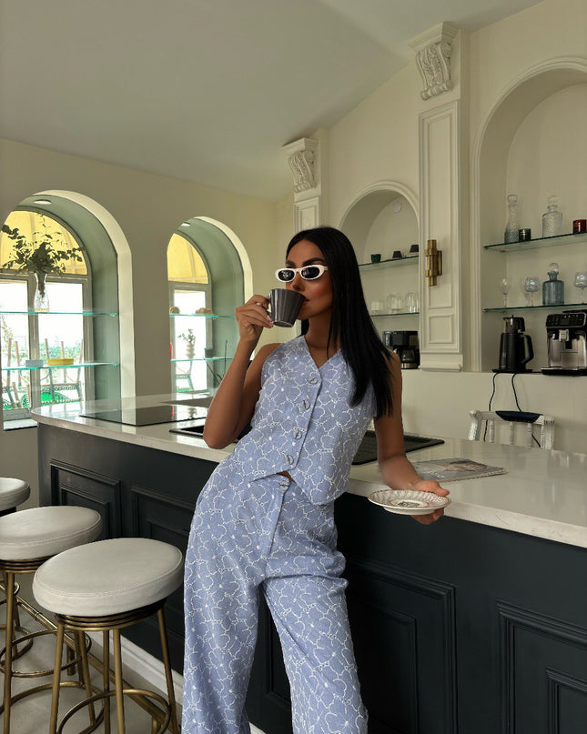 Embroidered Pattern Vest Trousers Linen Suit