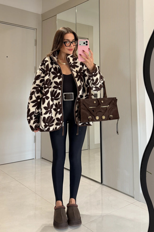 Presy Brown-Ecru Floral Teddy Zip Sweat