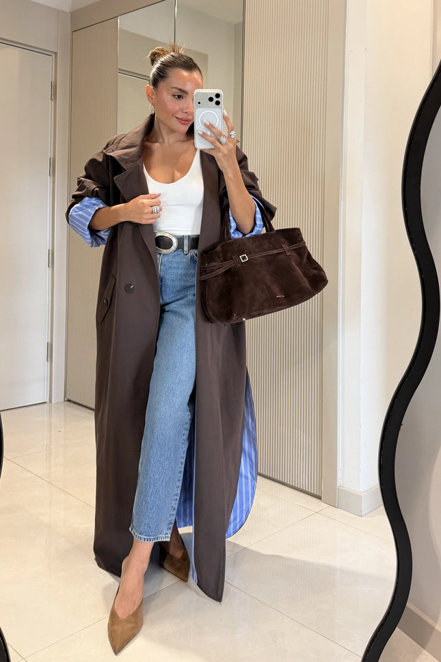 Hanger Brown Striped Lined Oversize Long Trench Coat