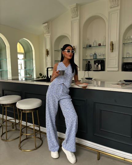 Embroidered Pattern Vest Trousers Linen Suit