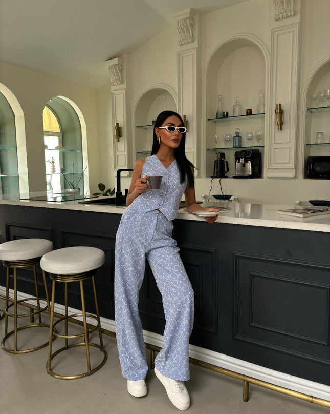 Embroidered Pattern Vest Trousers Linen Suit