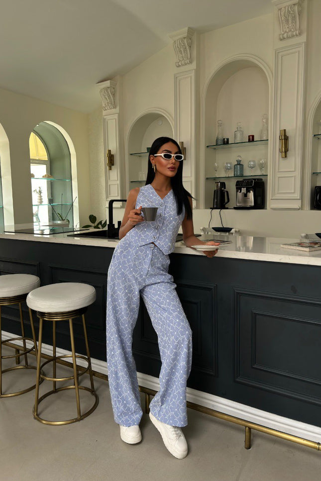 Embroidered Pattern Vest Trousers Linen Suit