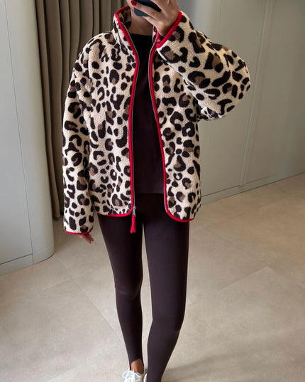 Premium Leopard-Print Zip Polar - Beige-Red
