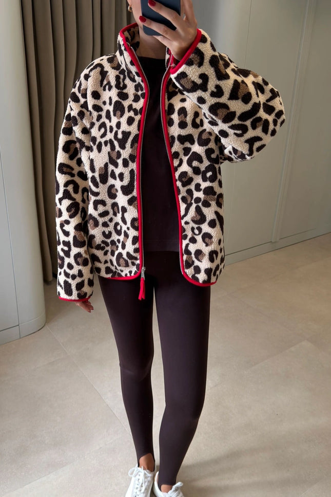 Premium Leopard-Print Zip Polar - Beige-Red