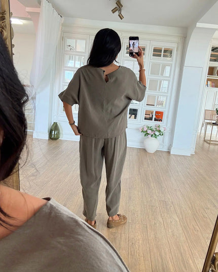 Lemon Short Sleeve Blouse Elastic Waist Pants Set