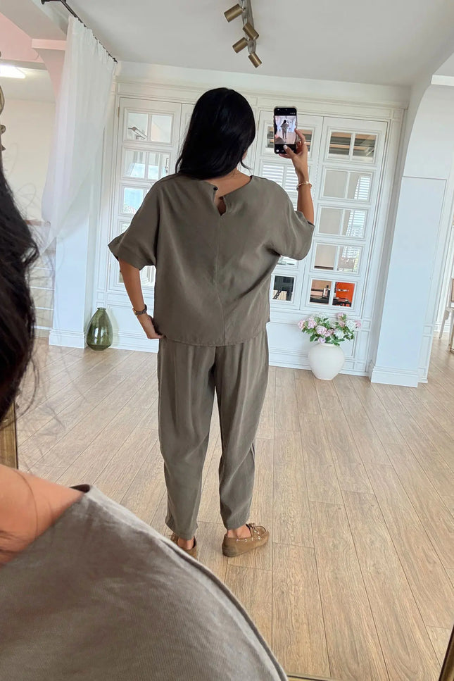 Lemon Short Sleeve Blouse Elastic Waist Pants Set