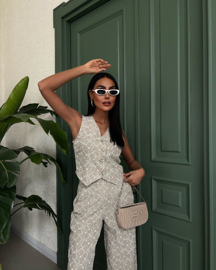 Embroidered Pattern Vest Trousers Linen Suit