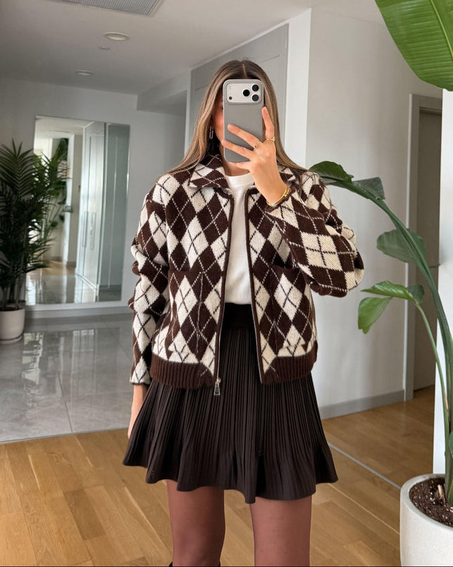 Shepra Patterned Zip-Up Cardigan - Coffee Cream