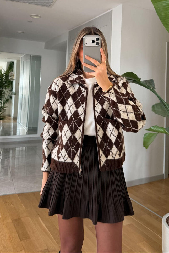 Shepra Patterned Zip-Up Cardigan - Coffee Cream