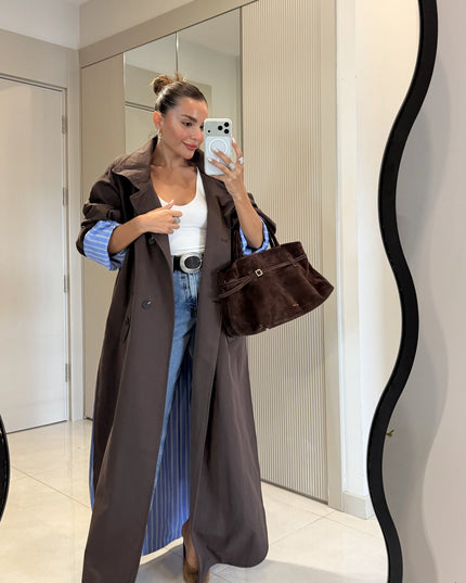 Hanger Brown Striped Lined Oversize Long Trench Coat