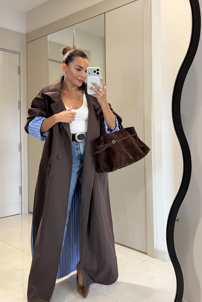 Hanger Brown Striped Lined Oversize Long Trench Coat