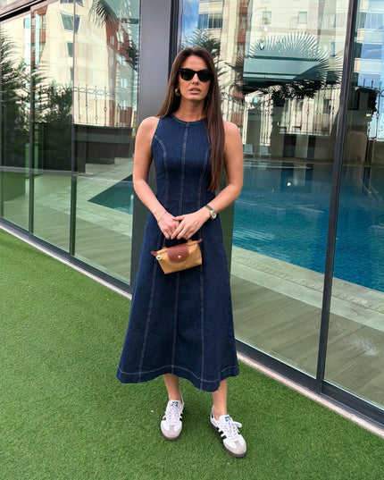 Lorena Lycra Denim Dress - Navy