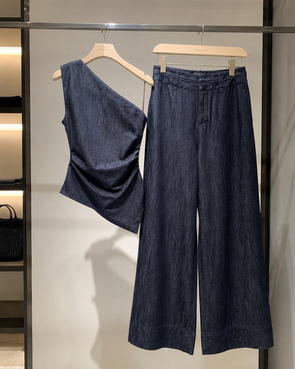 Zara Denim Set pants with One Shoulder Top