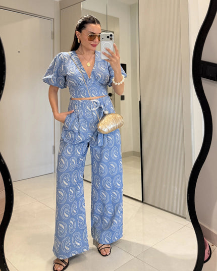 Paisley Sleeve Blouse with Pant Set