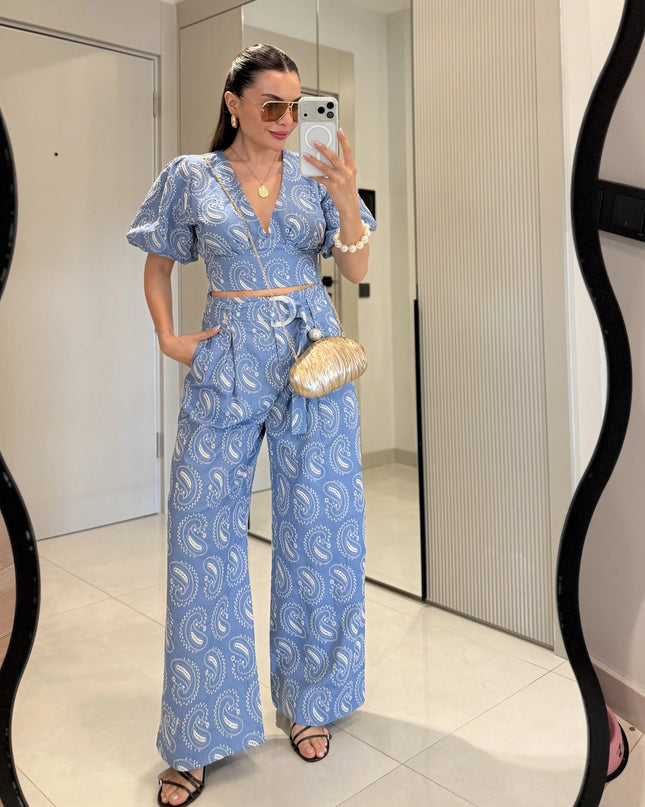 Paisley Sleeve Blouse with Pant Set