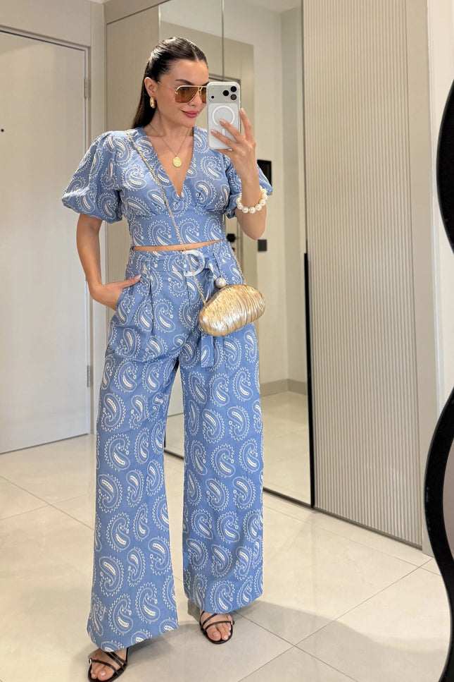 Paisley Sleeve Blouse with Pant Set