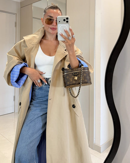 Hanger Camel Striped Lined Oversize Long Trench Coat