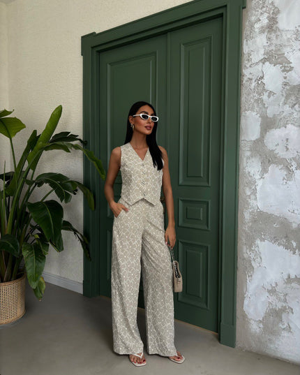 Embroidered Pattern Vest Trousers Linen Suit