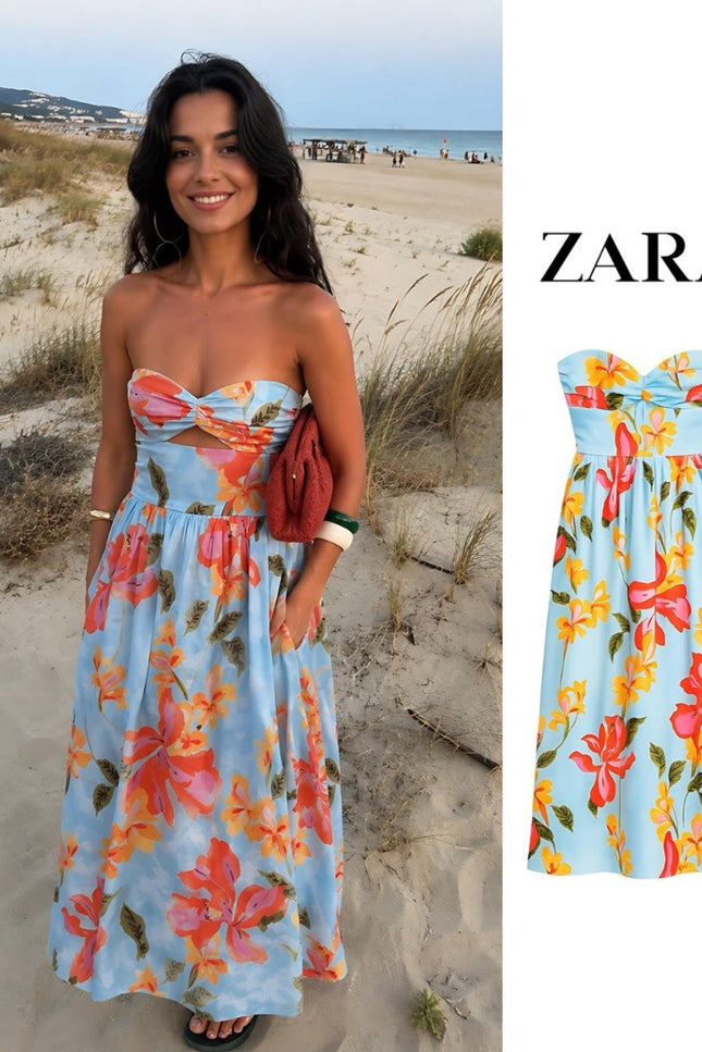 Floral Print Strapless Maxi Dress