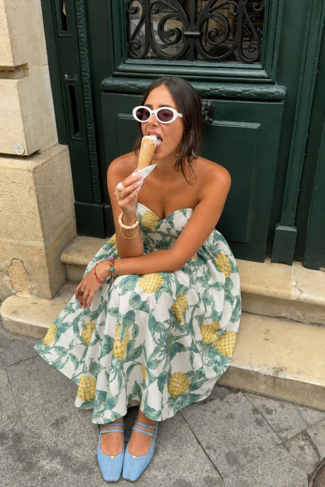 Pineapple Print Strapless Midi Dress