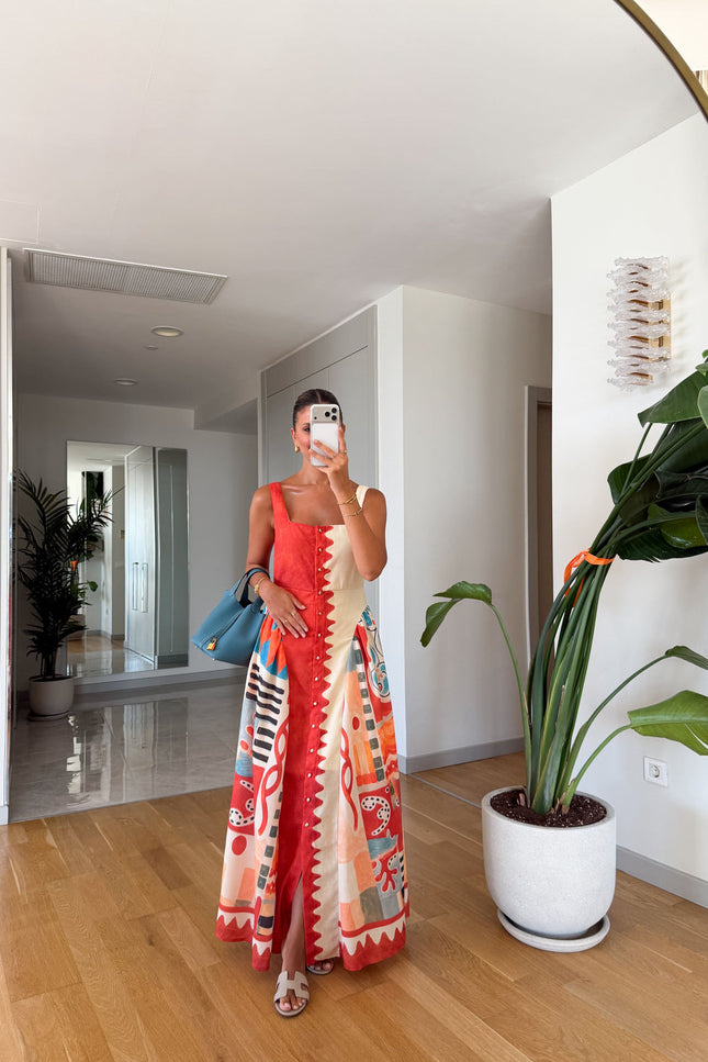 Multicolor Patterned Linen Dress
