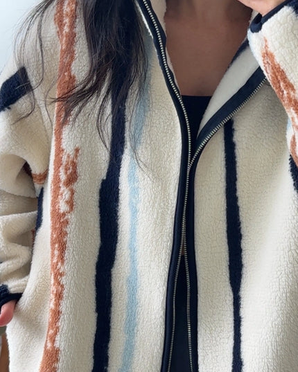 Presy Ecru Vertical-Stripe Zip Polar Jacket
