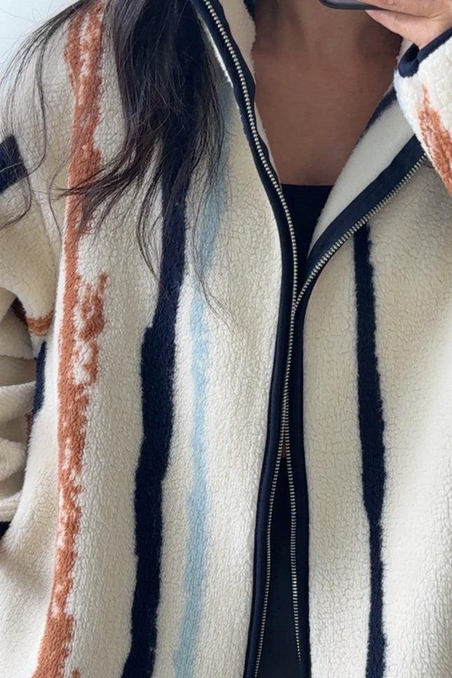 Presy Ecru Vertical-Stripe Zip Polar Jacket