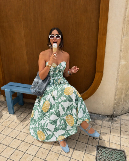 Pineapple Print Strapless Midi Dress
